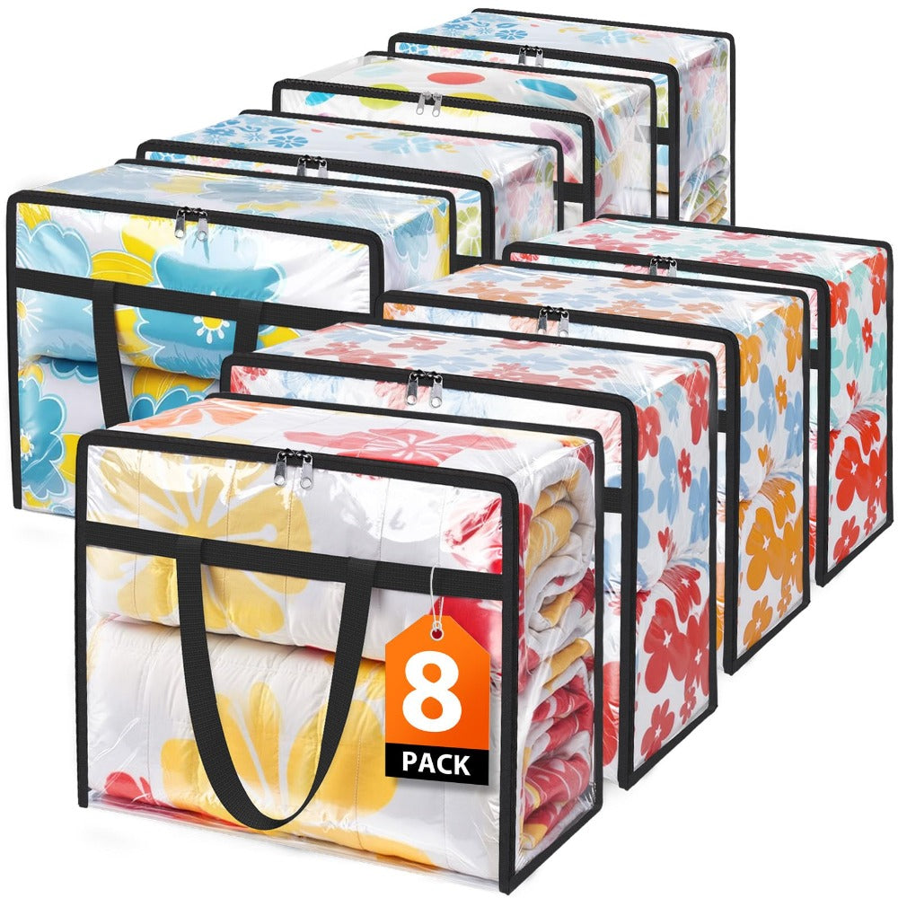 Clear Storage Bags with Zipper 8 Pack 15.85 Gallon PVC Clothes Storage Bags for Comforter, Blanket, Bedding & Duvet ¨C Foldable Under Bed & Closet Organizer Bags
