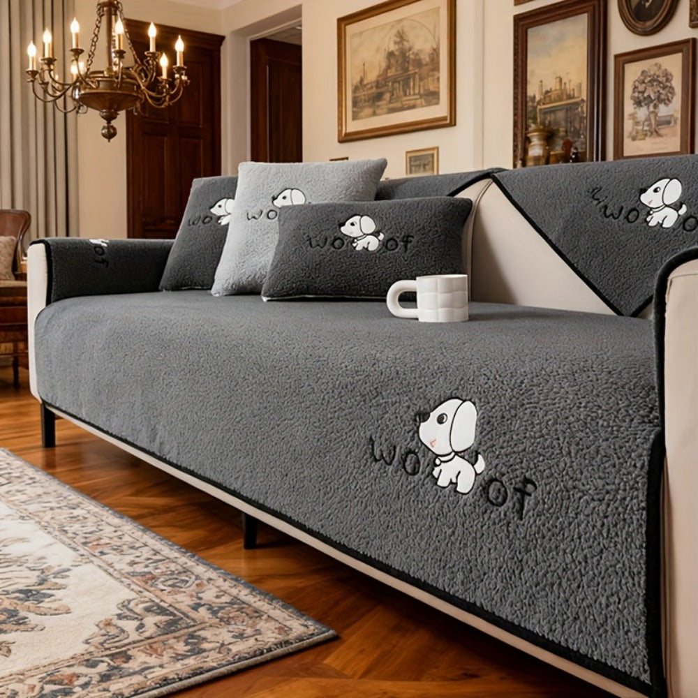 Sherpa Plush Sofa Cover Non-Slip | Thick Fleece Couch Protector, Pet Friendly Furniture Shield, 1 to 4 Seat, Armrest Backrest Pillowcase, Deep Gray Light Gray Coffee Off White