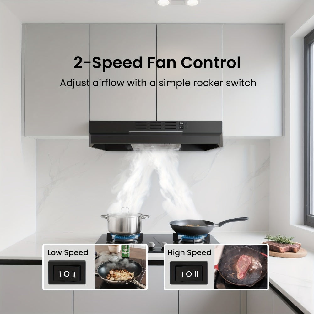 Range Hood 30 Inch Under Cabinet 350 CFM Ducted Ductless Convertible Kitchen Vent Hood with LED Light 2-Speed Exhaust Fan Stainless Steel Black White