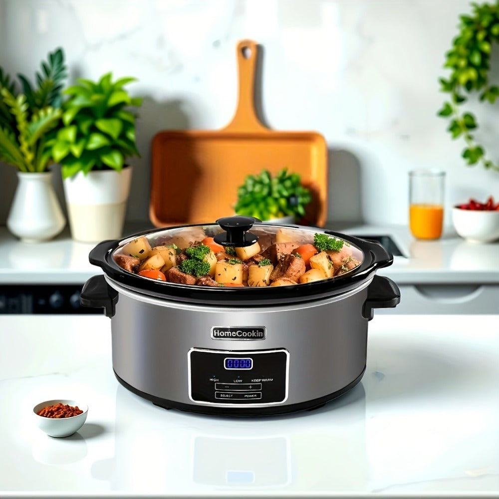 Slow Cooker 7.5 Quart Digital Programmable with Timer Ceramic Pot Stainless Steel Housing 3 Heat Settings Low High Keep Warm Large Capacity for Family Dinners Holiday Feasts Serves 10 Plus People