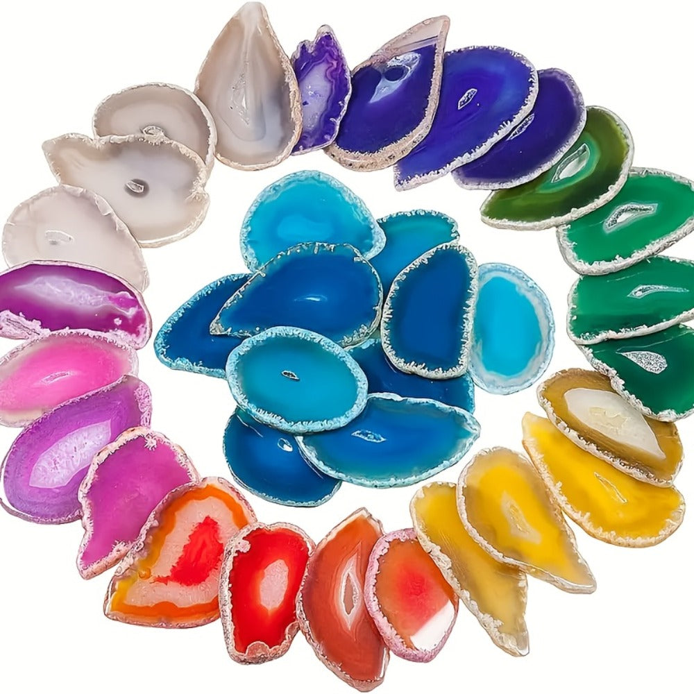Natural Agate Slices Pendants 20pcs - Mixed Colors Polished Stone Drilled Beads for Jewelry Making, Wind Chime & DIY Crafts