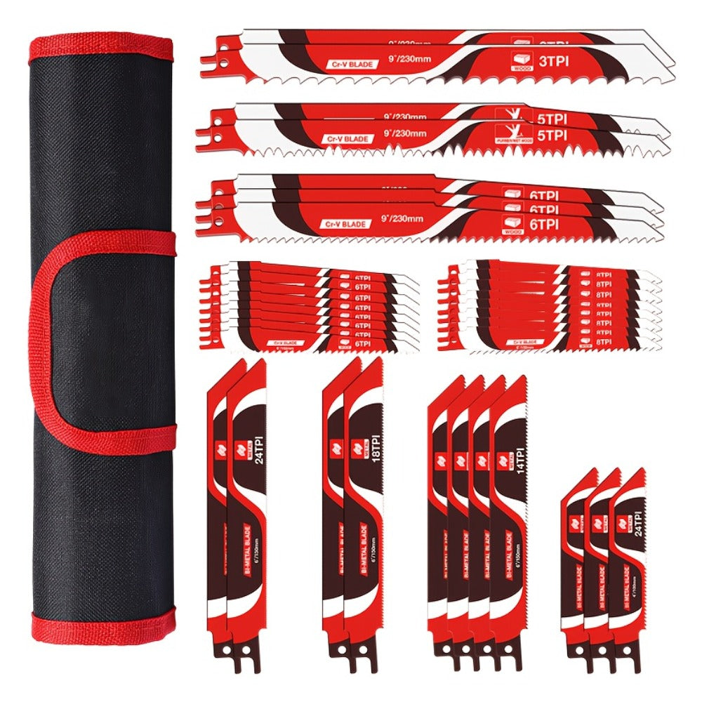 Reciprocating Saw Blades Set 34-Piece ¨C Universal Fit Heavy Duty Bi-Metal Blades for Metal & Wood Cutting, Demolition, Pruning, Remodeling, Compatible with DeWalt Makita Milwaukee Bosch, Storage Pouch