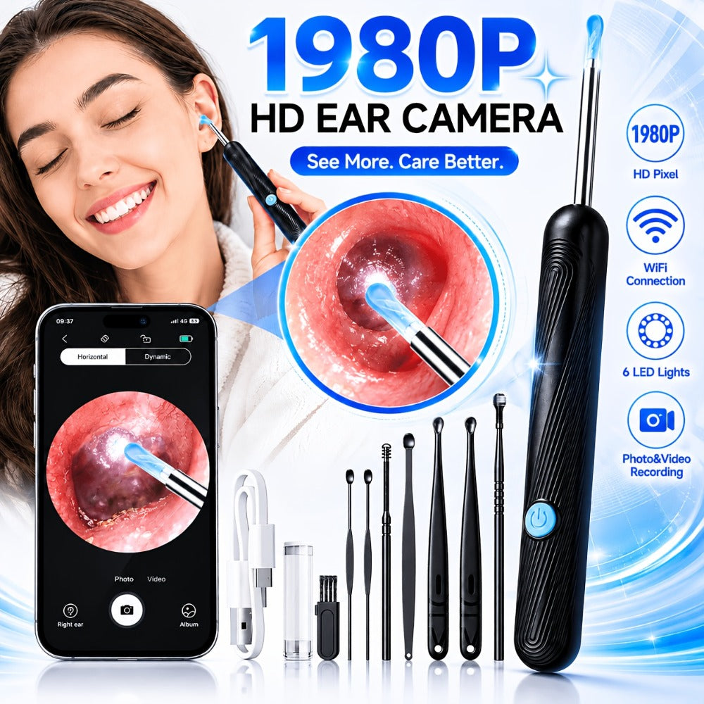 Ear Wax Removal Camera Visual Ear Cleaner 1080P HD ¨C 6 Safety Ear Spoons 7-Piece Kit, USB Charging, Real-Time Smartphone Inspection, Portable Ear Cleaning Tool for Adults Kids, Black and White
