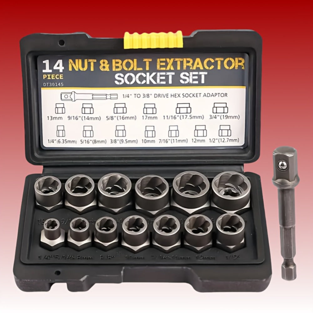 Nut Extractor Kit 14pcs, Damaged Bolt & Nut Remover Set with 13 Stripped Nut Extractors & 1 Hex Socket Adapter, 1/4¡± to 3/8¡± Drive Lug Nut Removal Tool for Construction, Auto & Home Repair