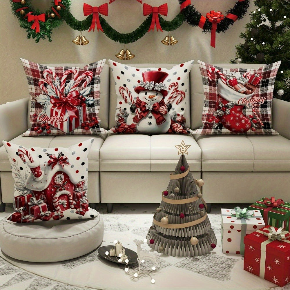 Christmas Throw Pillow Covers 4pcs Set - Snowman Candy Cane Buffalo Plaid Polyester 18x18in Decorative Cushion Covers with Zipper for Holiday Winter Living Room Bedroom Sofa Bed Decor