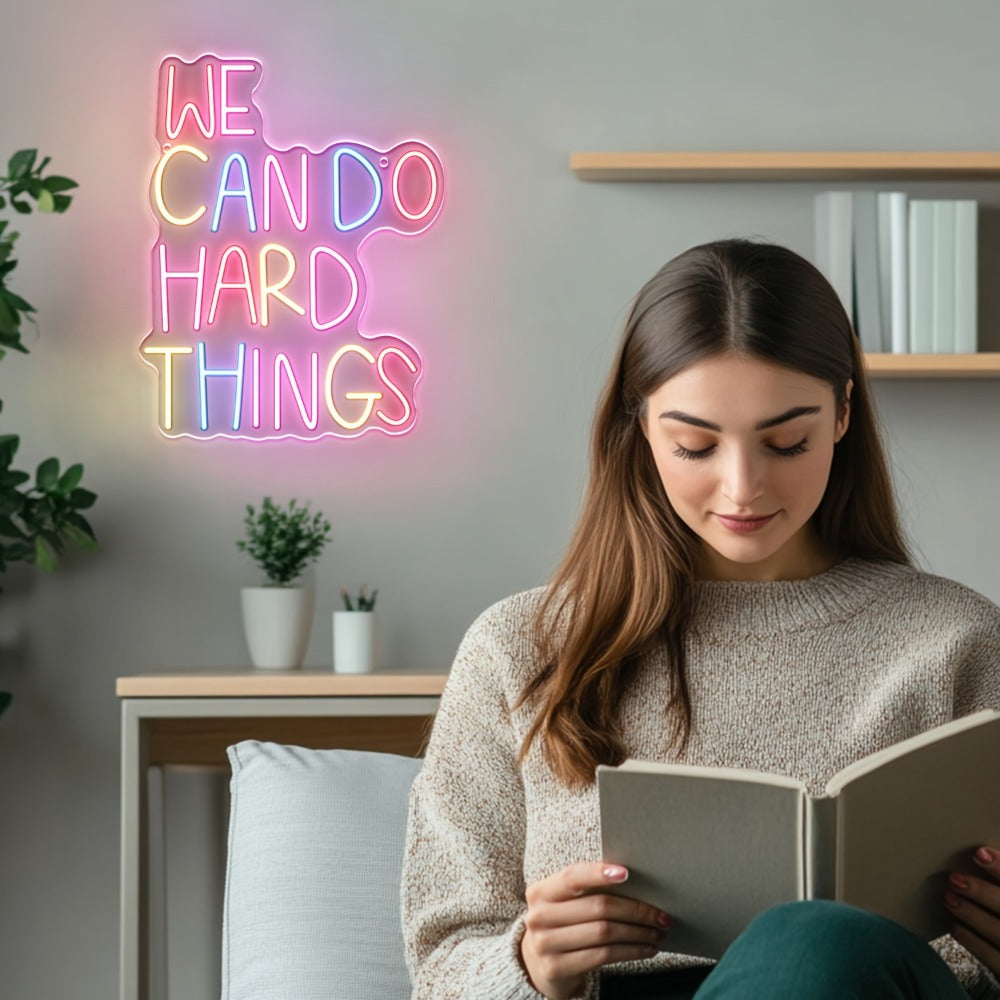 Neon Sign We Can Do Hard Things ¨C Dimmable LED Wall Art, USB Powered, Vibrant Colors, Inspirational Bedroom Decor for Classroom Birthday Party Aesthetic Backdrop, 13.3x10.6 In