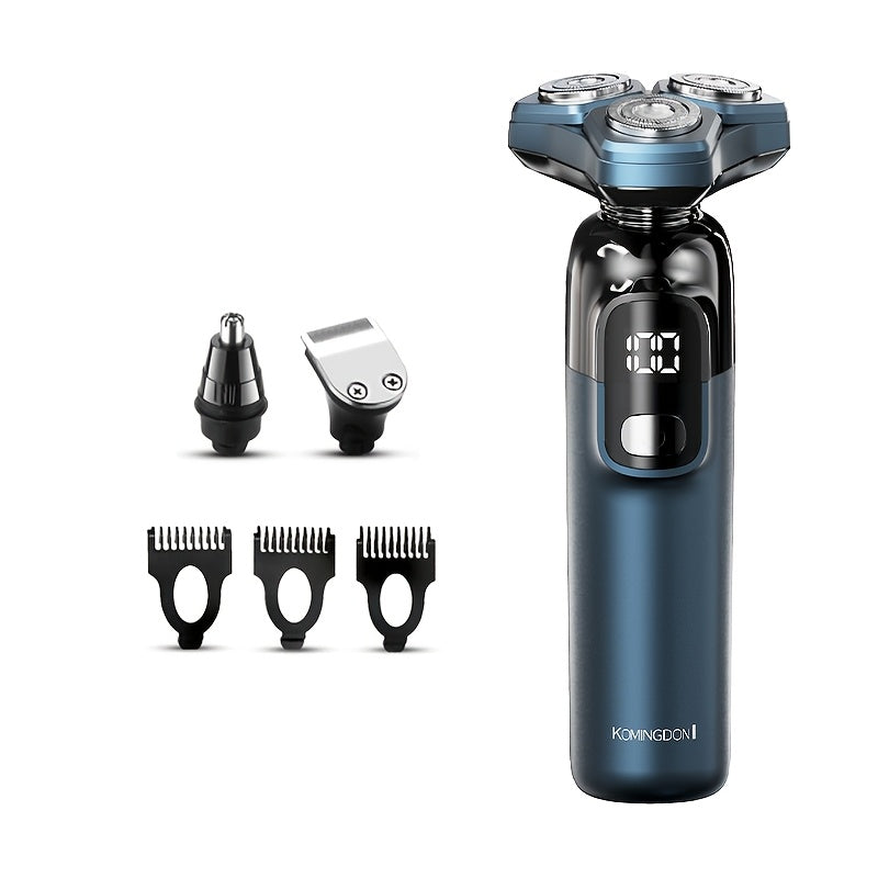 Rotary Shaver for Men 3-in-1 Cordless Rechargeable Electric Razor - Floating Head Wet Dry Shaver, 800mAh Lithium Battery, LED Display, Nose Hair & Sideburns Trimmer, Father's Day Gift