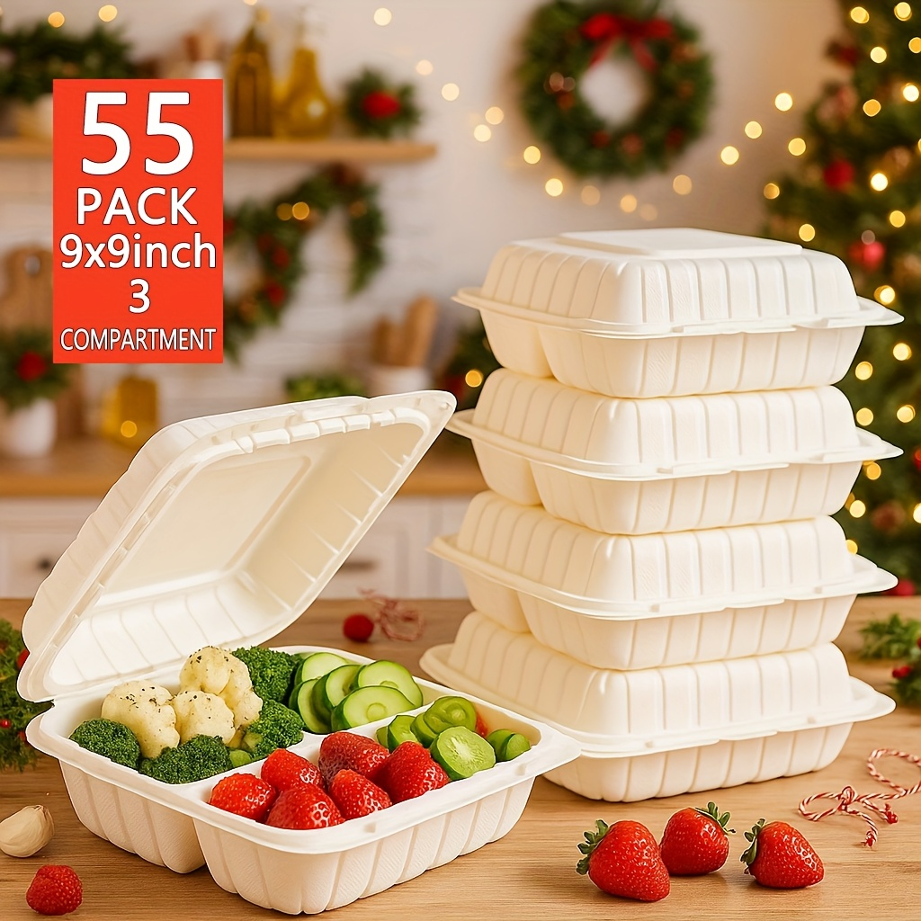 Disposable Food Containers Take Out Boxes with Lids - 7¡± 8¡± 9¡± Plastic Clamshell Meal Prep Containers BPA Free 1 & 3 Compartment Heavy Duty Reusable White