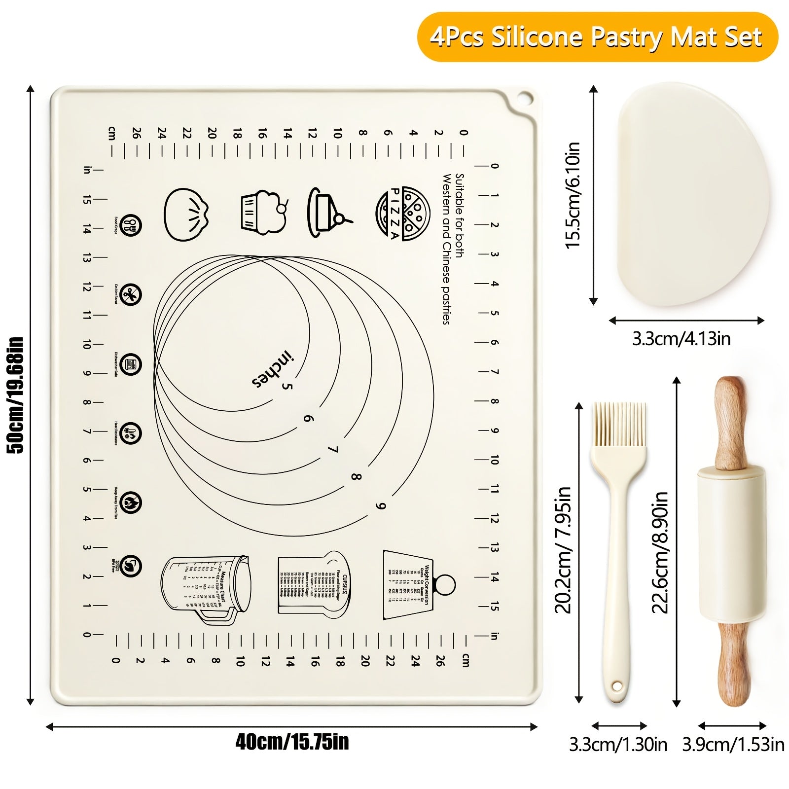 Silicone Baking Mat Set 4pcs, Extra Thick Non-Stick Pastry Mat with Measurement Scales, Non-Slip Dough Kneading Mat, Includes Rolling Pin, Dough Scraper and Storage Bag, Reusable Kitchen Baking Tools