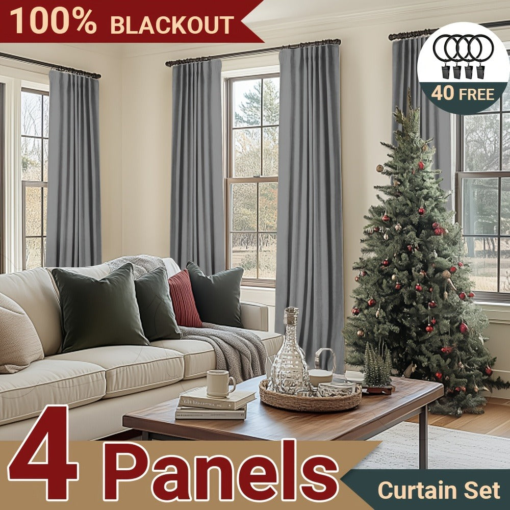 100% Blackout Curtains 4 Panels Faux Linen Textured Thermal Insulated Drapes - Room Darkening Window Curtains for Living Room Bedroom, Clip Rings & Rod Pocket, Energy Efficient Home Decor 50W x 84-120L