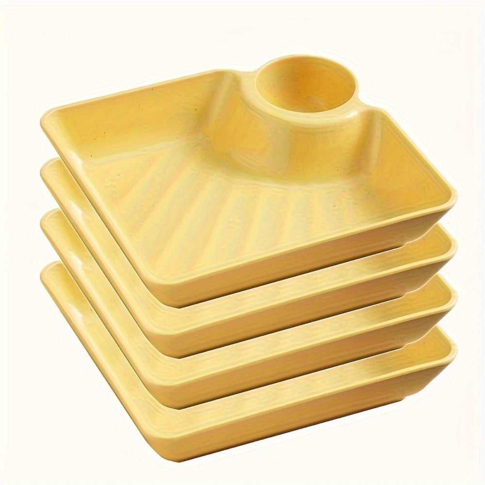 Colorful Serving Plates Set 4 Piece - BPA-Free PP Rectangular Snack, Sushi & Appetizer Plates with Dipping Sauce Compartments for Charcuterie Boards, Desserts & Holiday Party Entertaining