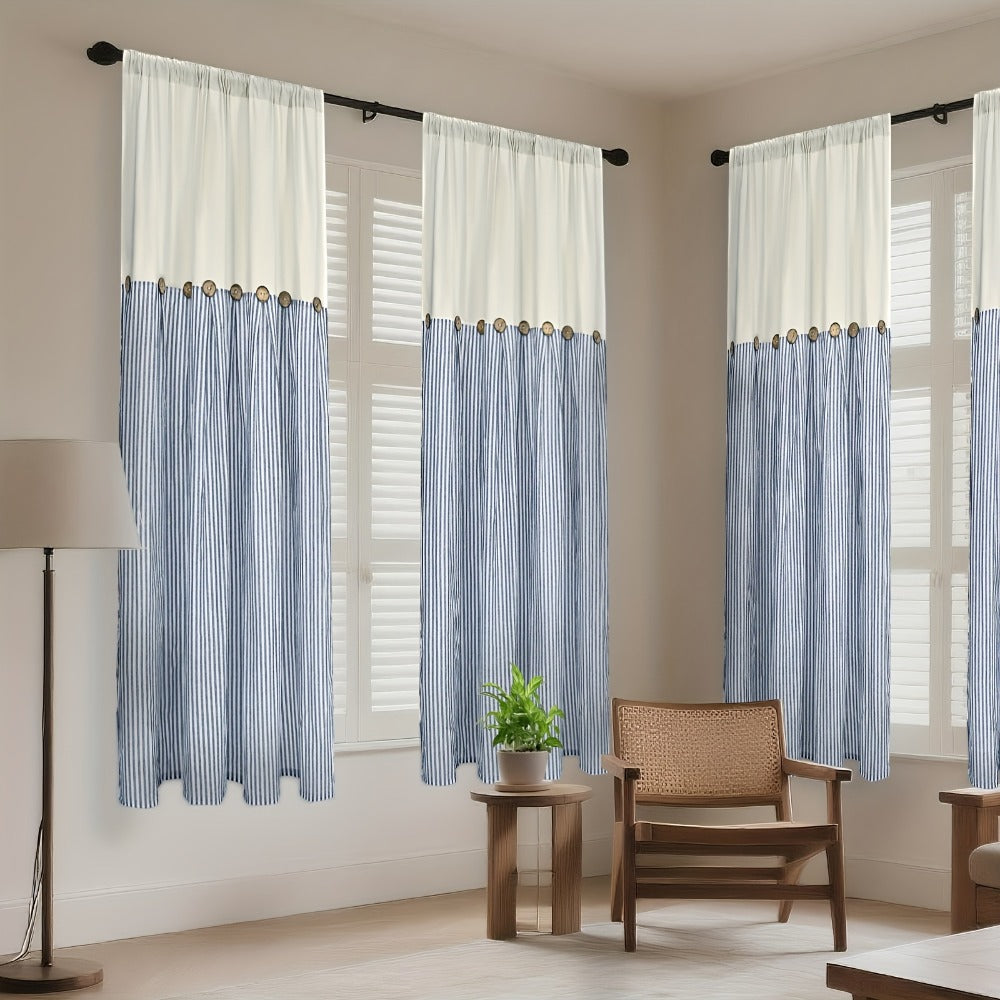 Semi Sheer Curtains Bohemian Linen Cotton Patchwork Grommet Top Window Drapes for Bedroom Living Room Kitchen Bathroom Cafe - Boho Country Cottage Style 4 Seasons 1 or 2 Panels