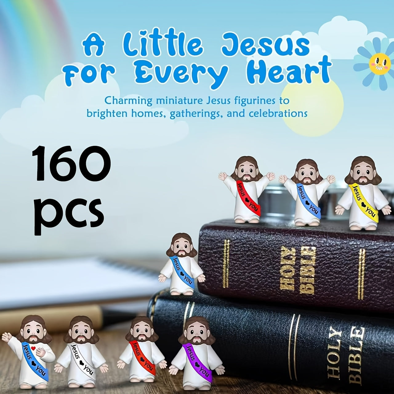 Religious Party Decoration Set 160pcs, Jesus Loves You Banner Mini Statues Easter Eggs Fillers, Christian Party Supplies Gift for Her Him, Holiday Home Decor Bulk Pack Mixed Colors Random Patterns