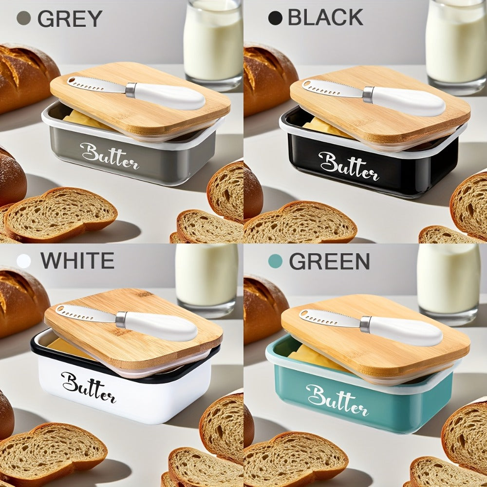 Butter Dish with Bamboo Lid & Knife, Iron Airtight Butter Keeper & Cheese Storage Box ¡ª Large Capacity Kitchen Counter Butter Container | Holiday Gift | Black, Gray, Green