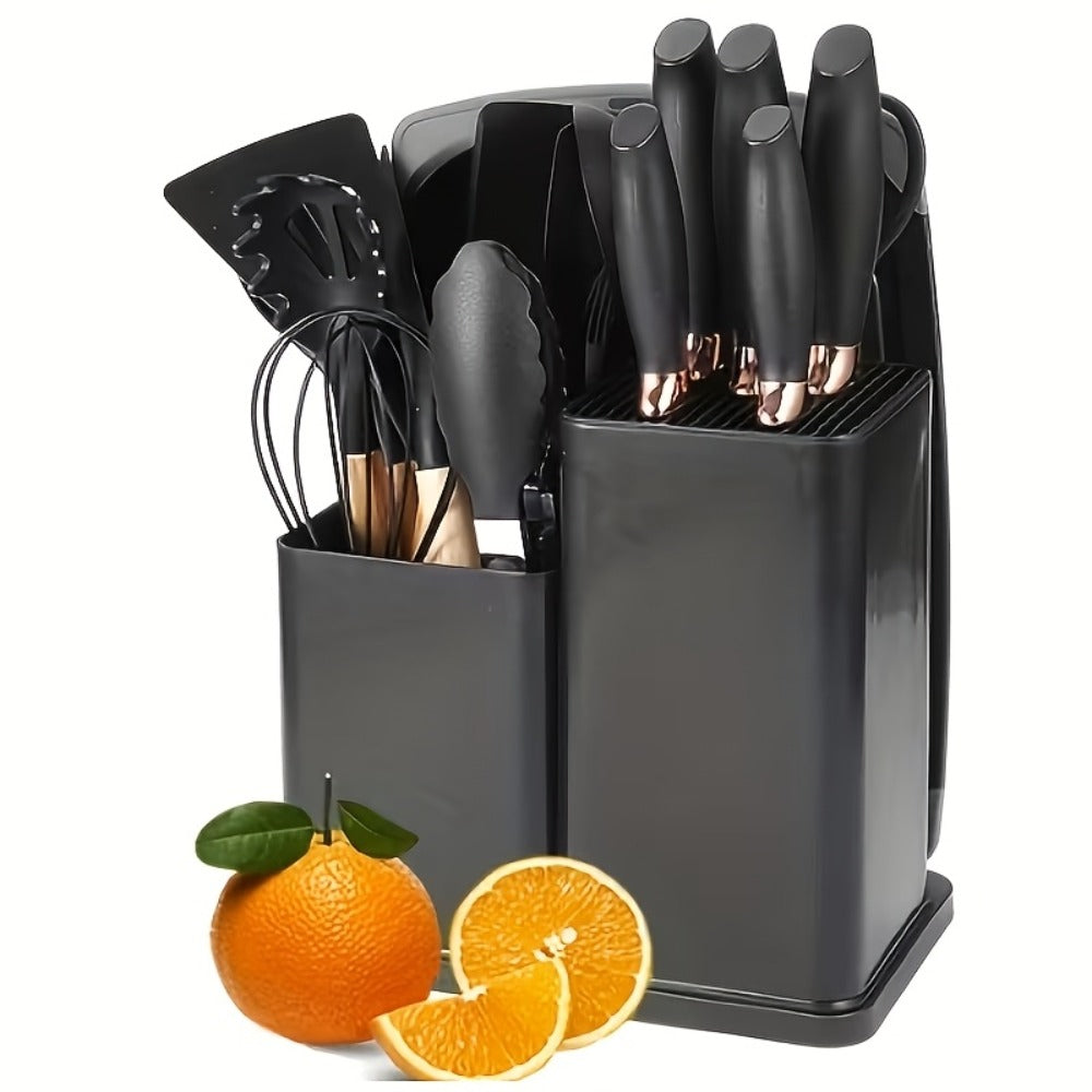 19-Piece Non-Stick Silicone Cookware Set with Bamboo Storage, Knives & Wooden Handle ¨C Pots, Pans & Utensils for Induction & Oven