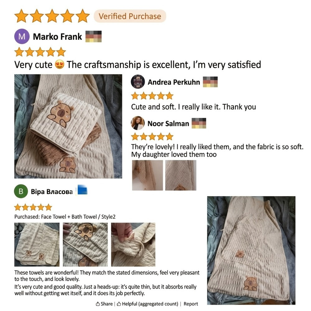 Bath Towel Set 2 Piece Cute Capybara Coral Fleece Super Soft Ultra Absorbent Quick Dry Face Towel and Bath Sheet for Spa Gym Hotel Guest Bathroom