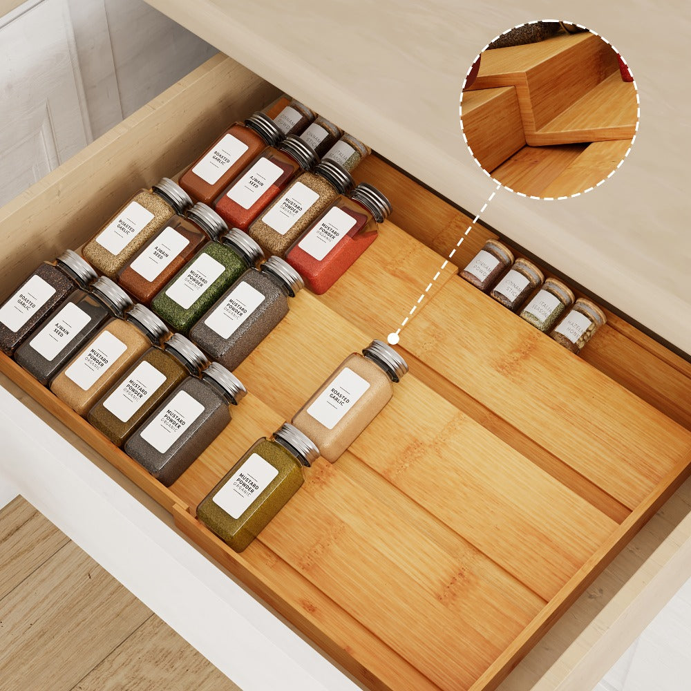 Bamboo Spice Drawer Organizer Expandable 4-Tier | Adjustable Width 12¡±-23¡± Fits 3¡± Deep Drawers | Space-Saving Kitchen Cabinet Seasoning Storage Tray for Spice Jars Bottles