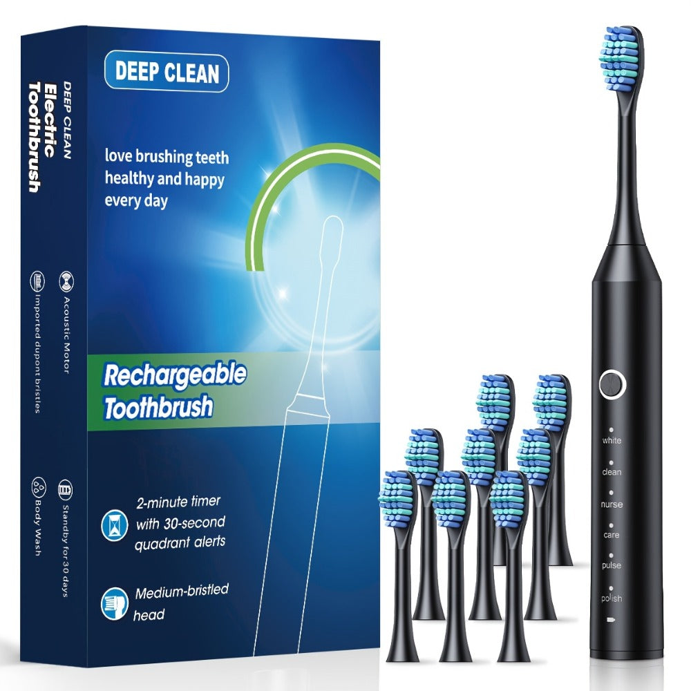 Rechargeable Toothbrush ¨C 6 Cleaning Modes, 500mAh Lithium Battery, USB Charging, Soft Bristles, 4 or 8 Brush Heads, Black White Pink Electric Toothbrush for Adults Deep Clean & Whitening