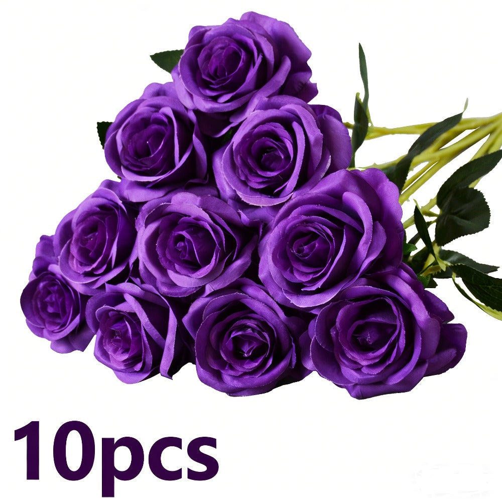 10pcs Artificial Silk Roses Bulk - Fake Flowers for Wedding Home Decor, 19.69¡± Long Stem, Deep Purple & Dark Green