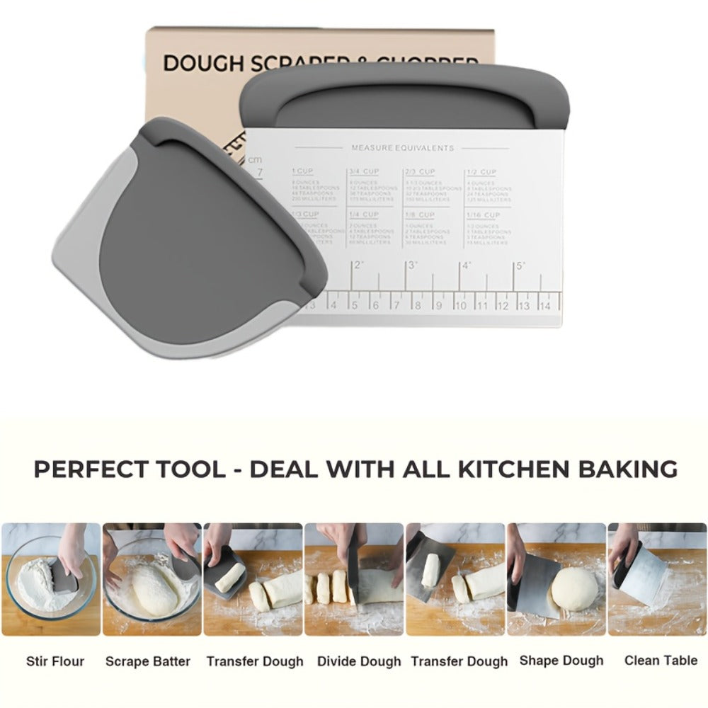 Dough Scraper Bench Scraper - Stainless Steel Dough Cutter with Silicone Handle & Measuring Scale, Multipurpose Pastry Scraper Pizza Spatula Baking Tool, Kitchen Gadget Gift, Blue Grey