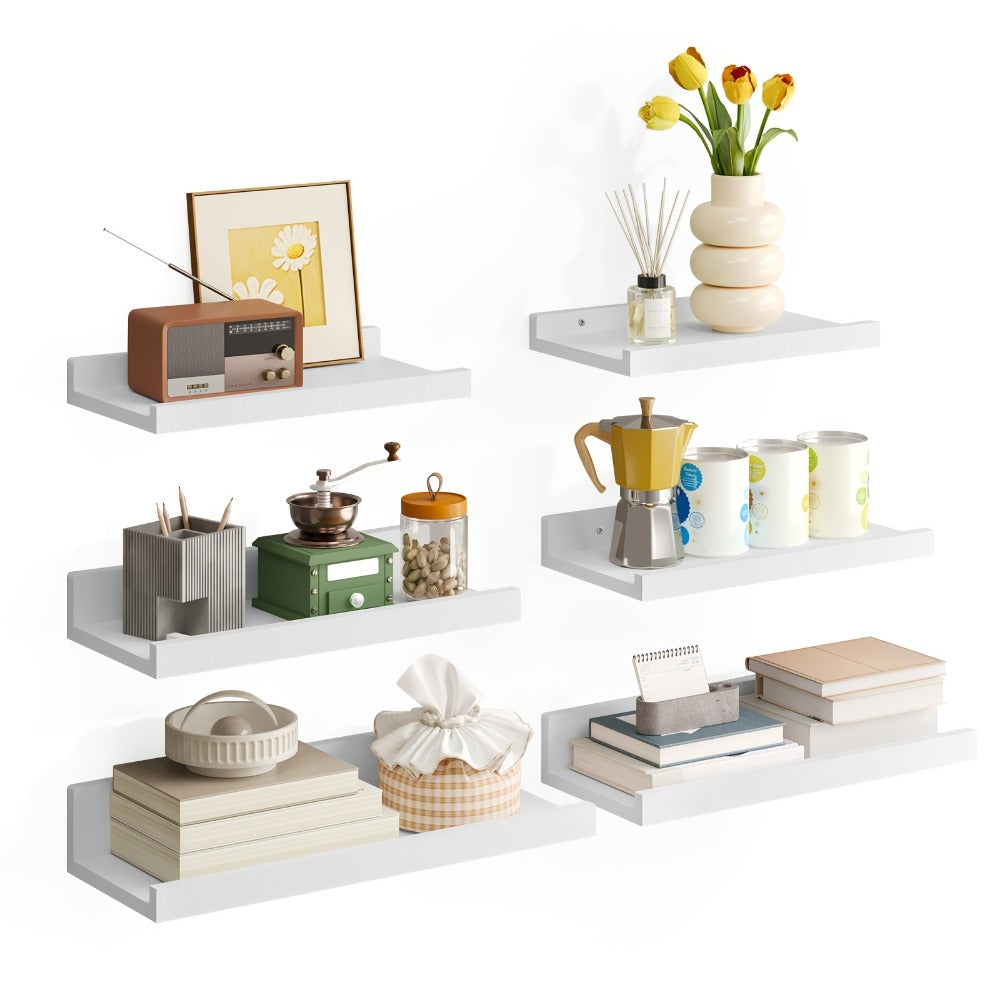 Floating Shelves 6pcs Set Wall Mounted Shelves 6 Different Sizes | Heavy Duty Shelf for Home Decor Bathroom Bedroom Living Room Space Saving Storage White Brown Black
