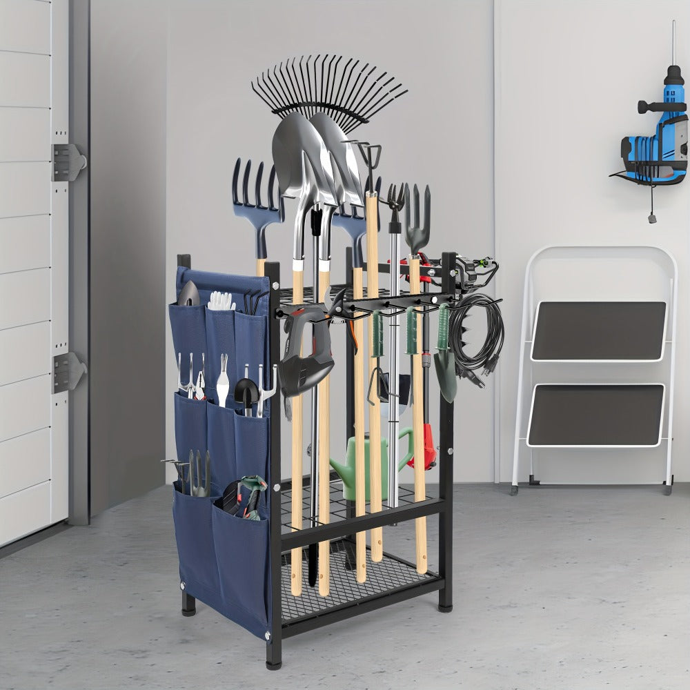 Tool Storage Rack with Storage Bag ¨C Metal Yard Tool Organizer for Garage Holds 35 Long-Handled Tools, Broom, Shovel, Rake Stand Holder, Heavy Duty Freestanding Garden Tool Rack for Outdoor & Yard, Black