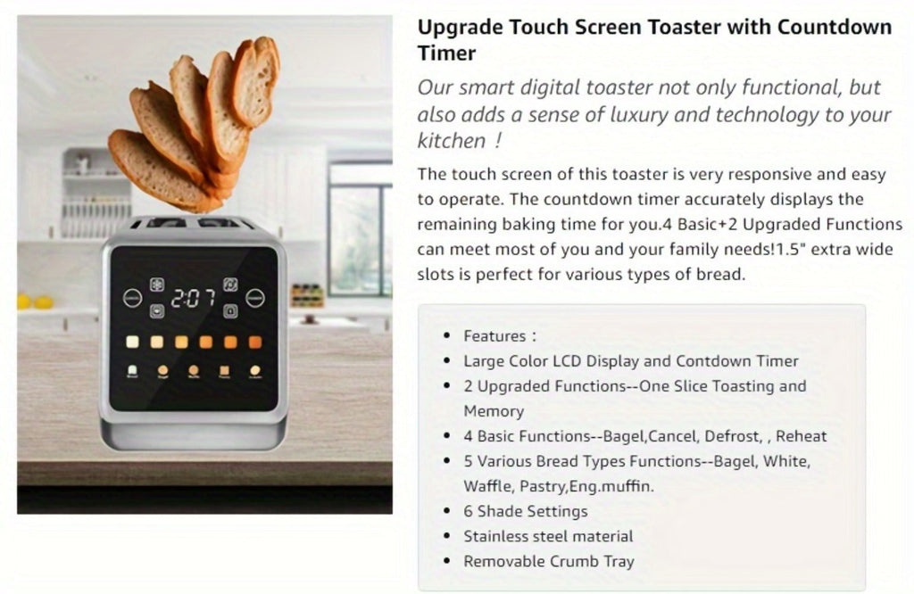 Digital Touch Screen Toaster 2 Slice Stainless Steel with 5 Bread Functions 7 Shade Settings Bagel Defrost Reheat Cancel Removable Crumb Tray LED Display Kitchen Toaster