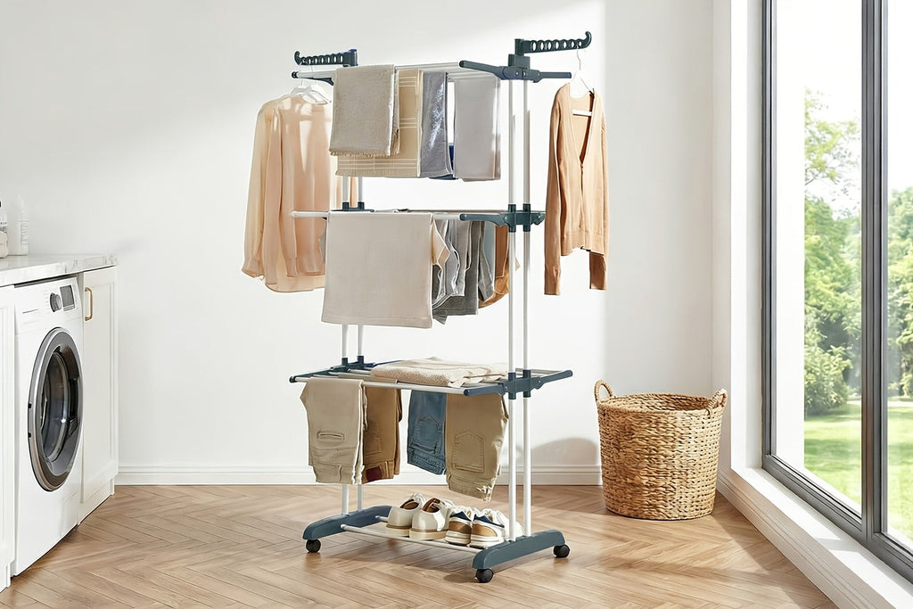 Clothes Drying Rack 4-Tier Foldable Metal Laundry Rack with Rolling Casters, Holds 30+ Garments, Adjustable Shelf Heights, Freestanding Collapsible Clothes Dryer Stand for Bedroom Bathroom Nursery Small Spaces