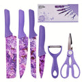 Kitchen Knife Set 6 Piece with Floral Pattern, High Carbon Stainless Steel Chef Knife Set with Ergonomic Handle, Sharp Meat Cleaver Bread Knife Scissors Peeler, Colorful Cooking Knife Gift Set for Women Men