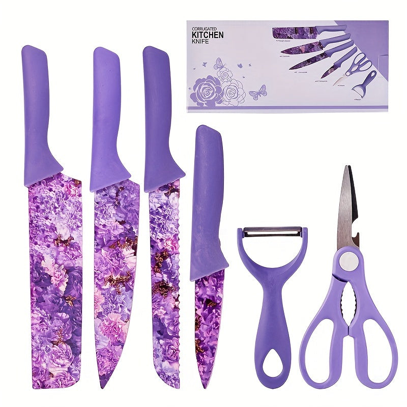 Kitchen Knife Set 6 Piece with Floral Pattern, High Carbon Stainless Steel Chef Knife Set with Ergonomic Handle, Sharp Meat Cleaver Bread Knife Scissors Peeler, Colorful Cooking Knife Gift Set for Women Men