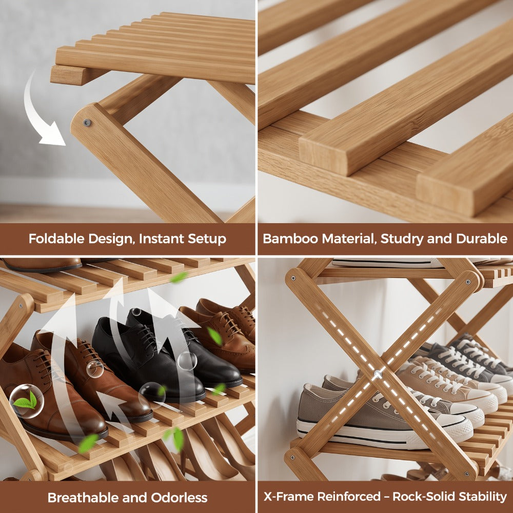 Bamboo Shoe Rack Foldable Multi-Tier ¨C Space-Saving Shoe Storage Shelf, Easy Assembly Standalone Organizer for Entryway, Hallway, Bedroom, Bathroom & Office ¨C 6 or 8 Tier Options
