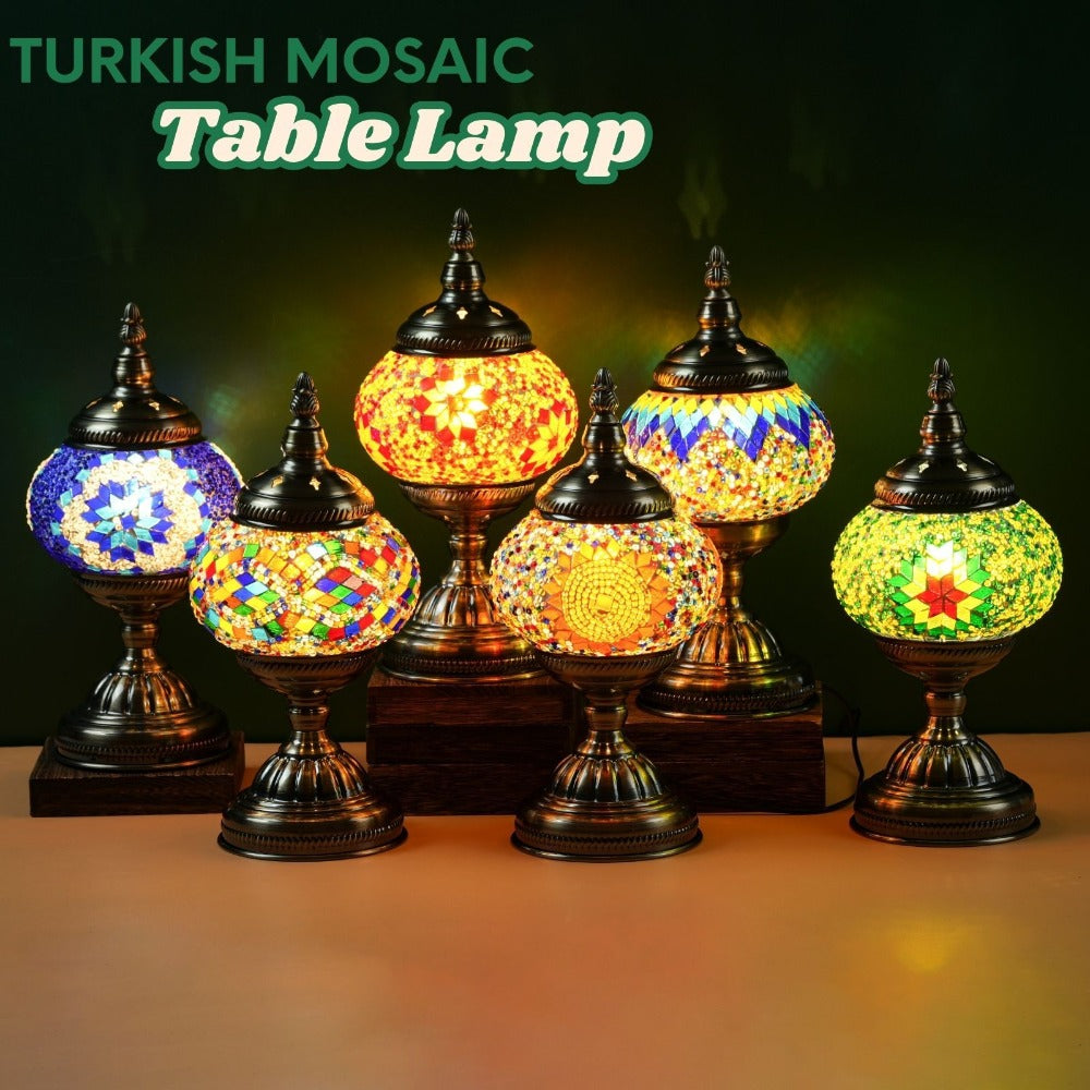 Mosaic Table Lamp Handcrafted Turkish Glass Bedside Lamp 3-Color Dimmable with Metal Base Bulb Included