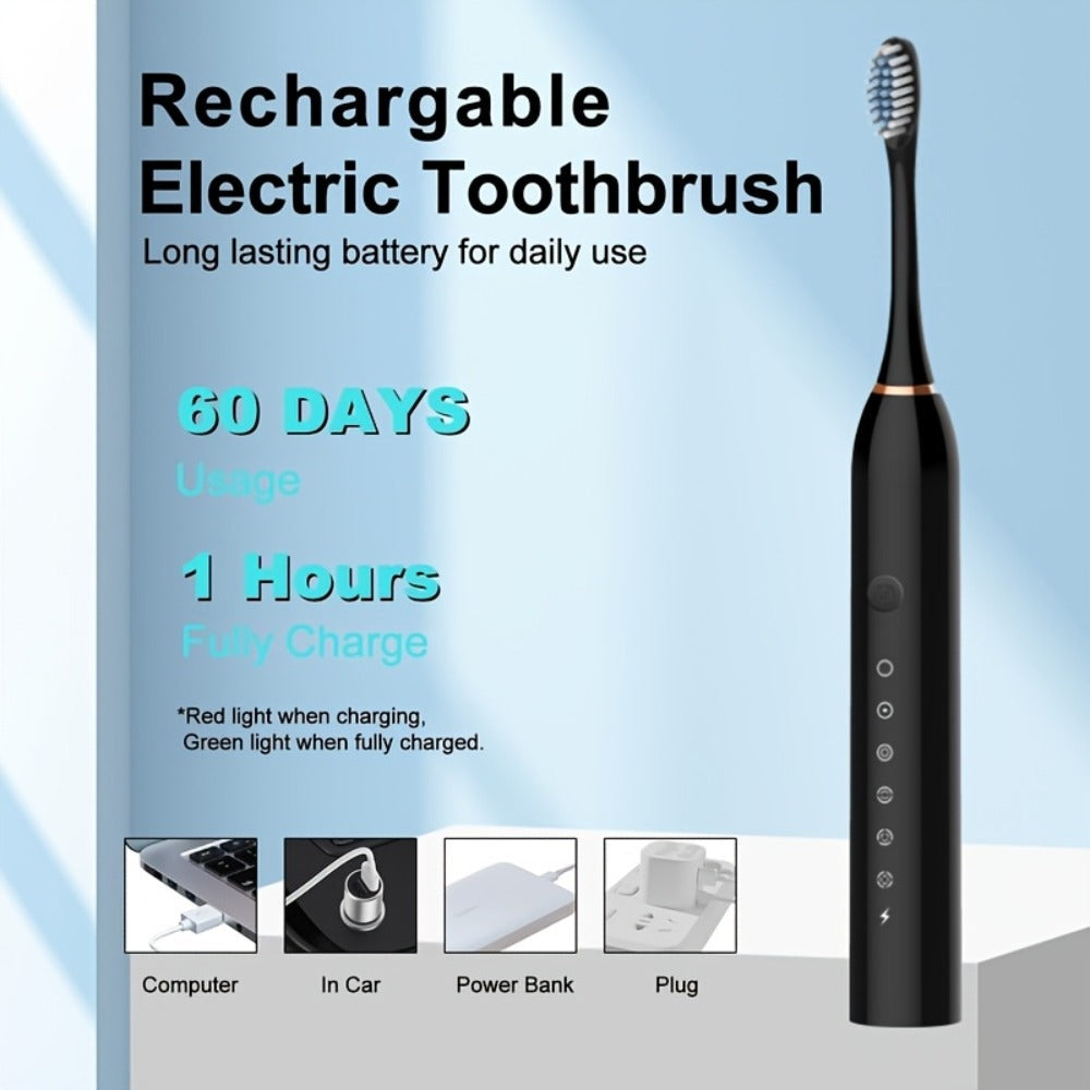 Rechargeable Electric Toothbrush 6 Cleaning Modes with 8 Brush Heads - USB Charge, Soft Bristles, Portable for Travel & Home Use, Oral Care Toothbrush for Men & Women - Black / White / Pink