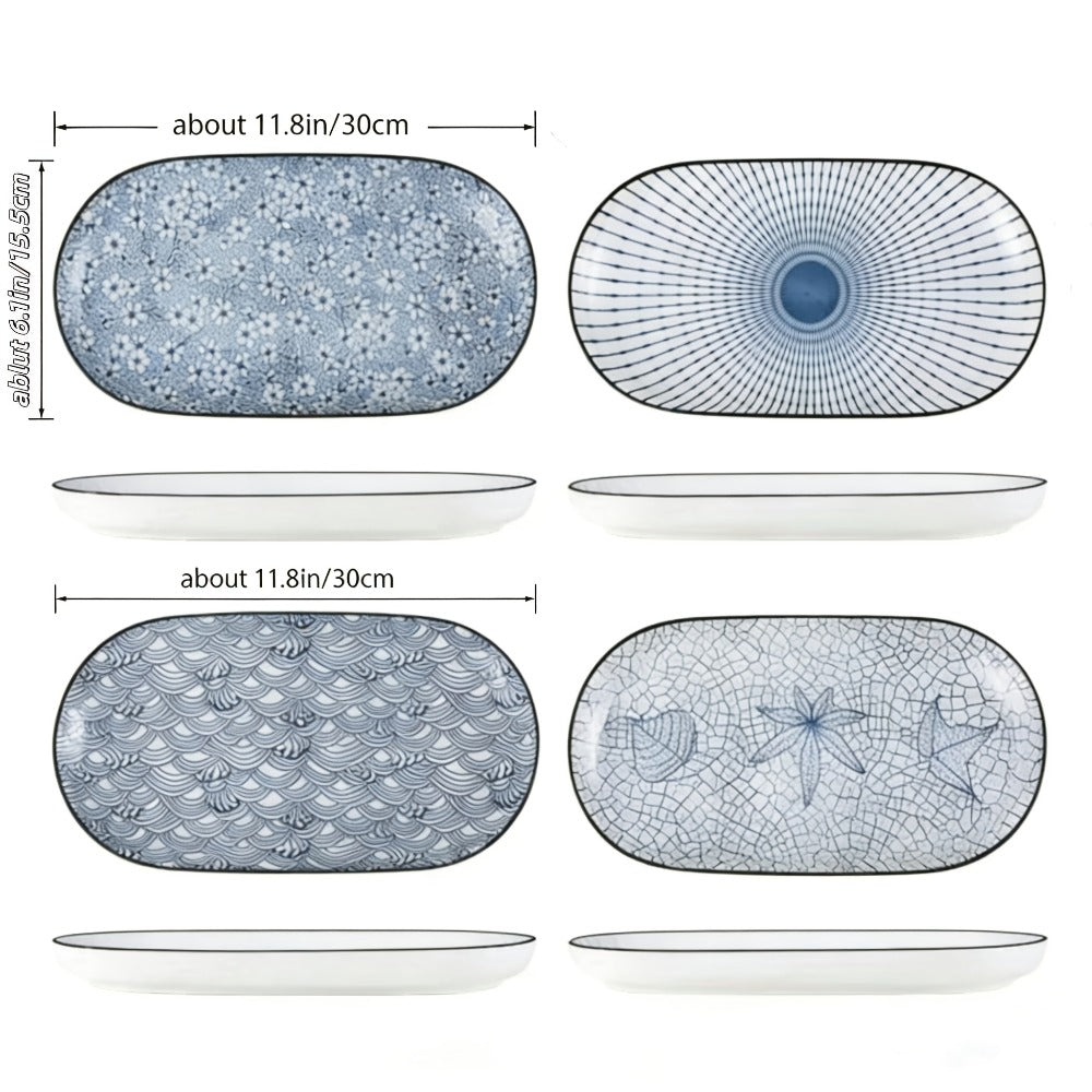 Japanese Blue White Porcelain Fish Plates Set of 4 ¨C 12 Inch Ceramic Serving Plates, Microwave & Oven Safe Steaming Baking Tableware