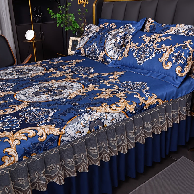 Floral Ruffle Bed Skirt Cool Mat 3 Piece Set with Pillowcase, Double Layer 360¡ã Full Wrap Washable Cooling Mattress Cover, Breathable Summer Bedding Set for Twin Full Queen King, Parisian Romantic Floral