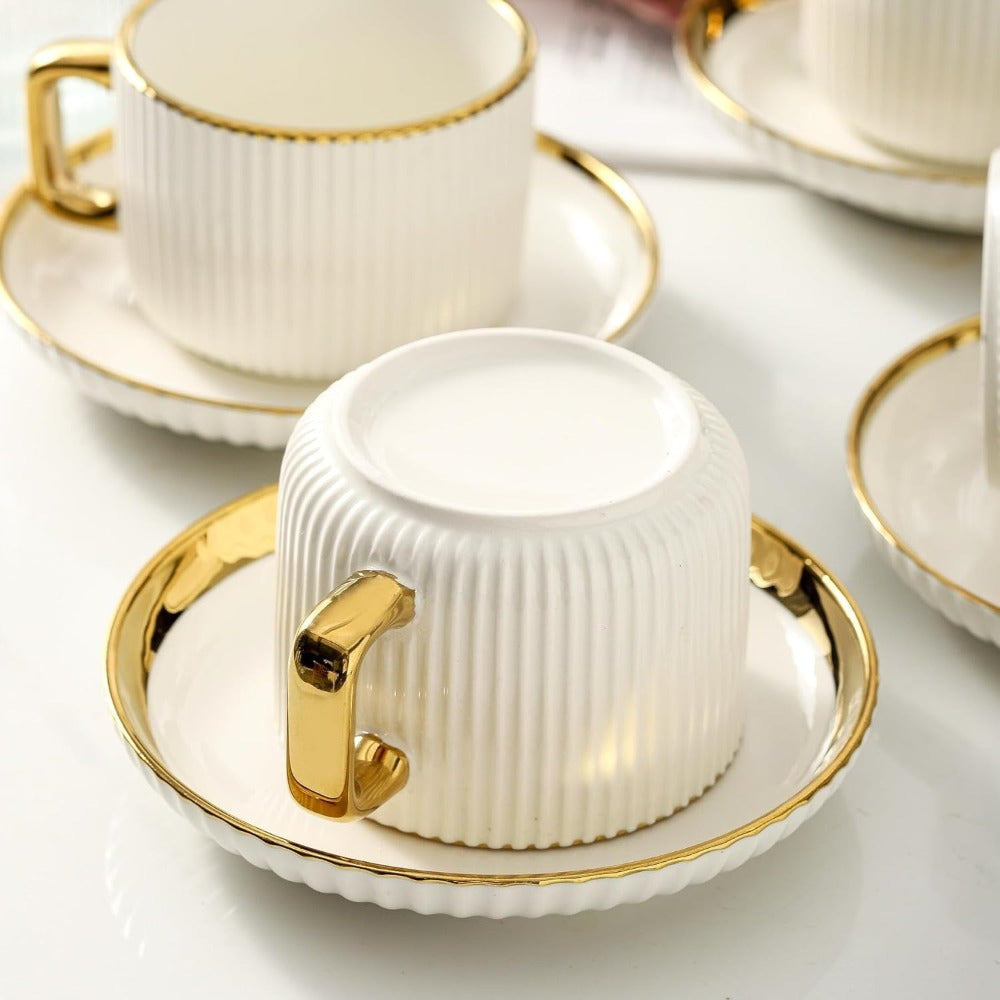 Ceramic Cappuccino Cups with Saucers Set of 6 ¨C 8oz Coffee Mugs with Golden Trim, Latte Art Cups for Espresso Mocha, British Italian Style Caf¨¦ Cups and Saucer Sets for Home Kitchen