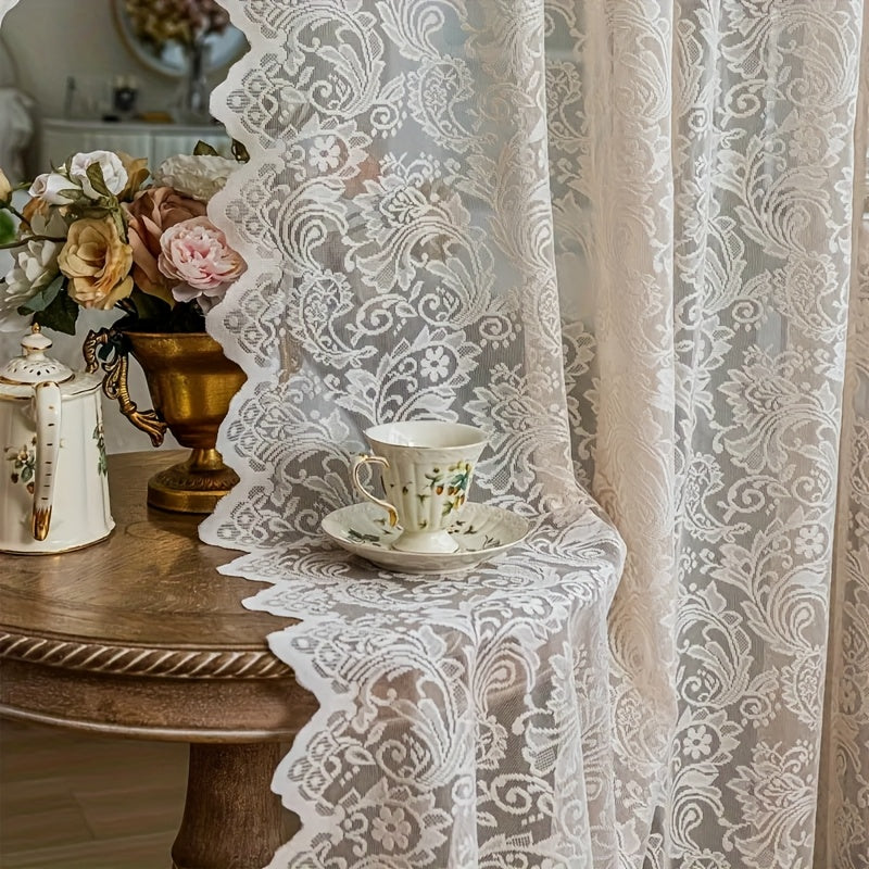 Sheer Curtains French Vintage Lace Rod Pocket Semi-Transparent Polyester Floral Phoenix Tail Design for Bedroom Living Room Partition 140cm Wide