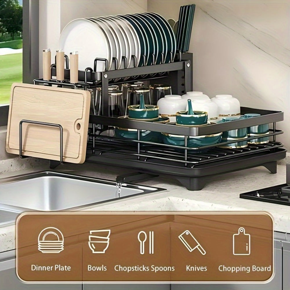 2-Tier Dish Drying Rack with Drainboard & Mat ¨C Metal Dish Rack for Kitchen Counter with Knife Fork Cup Holder