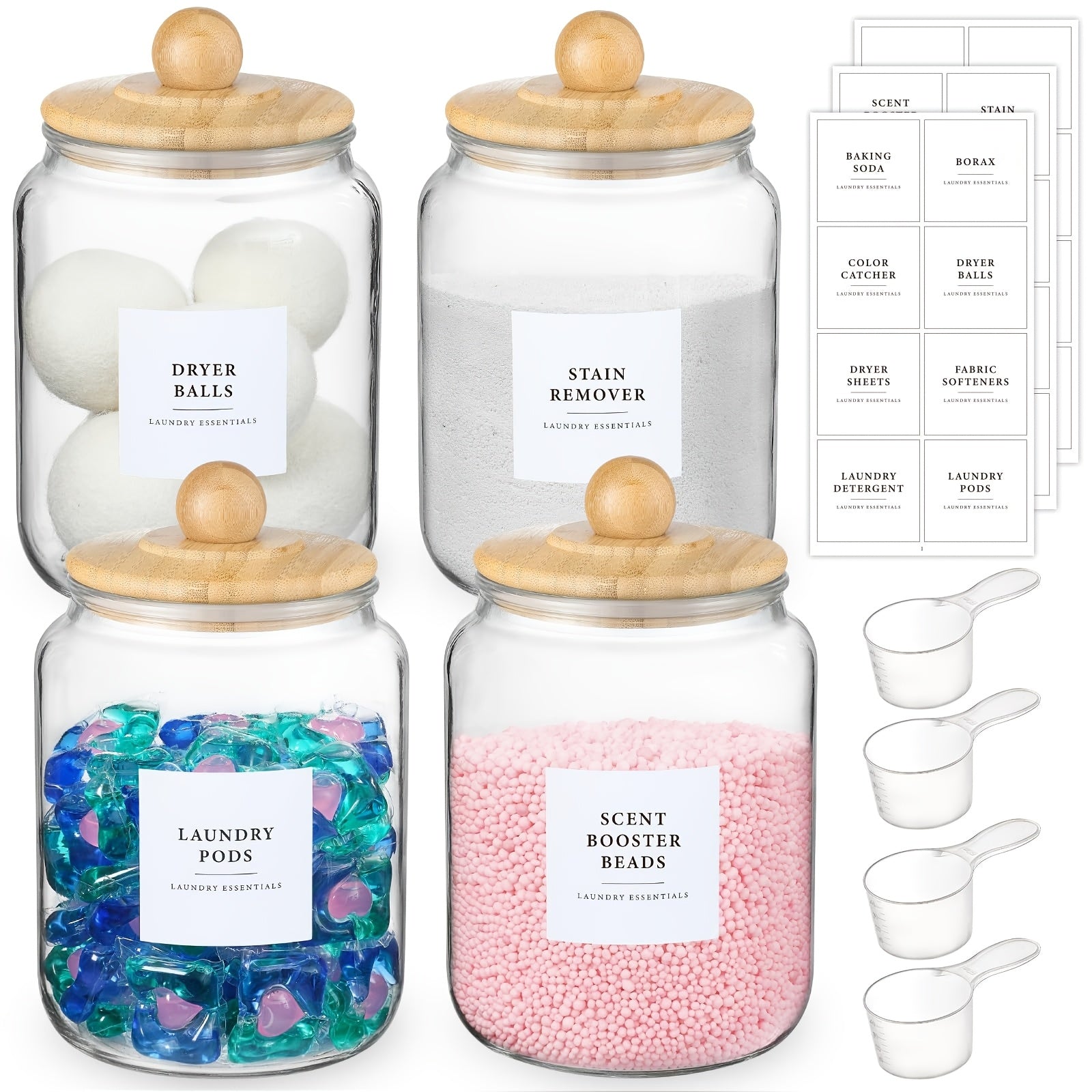 Airtight Glass Jars with Lids Labels and Spoons Half Gallon Storage Canisters for Laundry Detergent Pods Scent Booster Beads Kitchen Pantry Organization Food Safe Wide Mouth 1 2 3 4 Pack