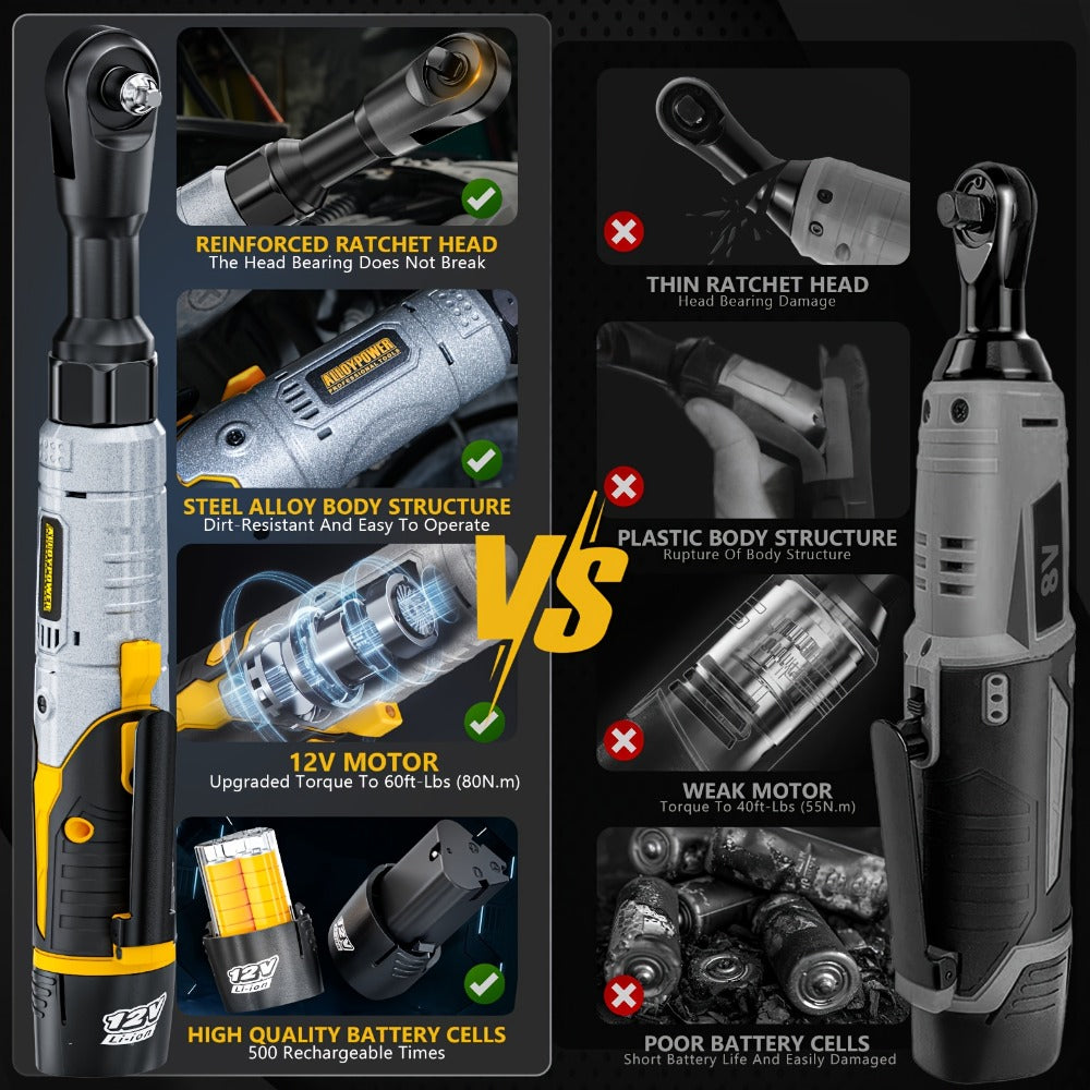 Cordless Electric Ratchet Wrench Set 3/8 Inch 12V 60 Ft-Lbs Power Ratchet Tool Kit with 2 Batteries, 6 Sockets, LED Light, Variable Speed, 1/4 & 1/2 Inch Adapters and Carrying Case for Auto Repair DIY