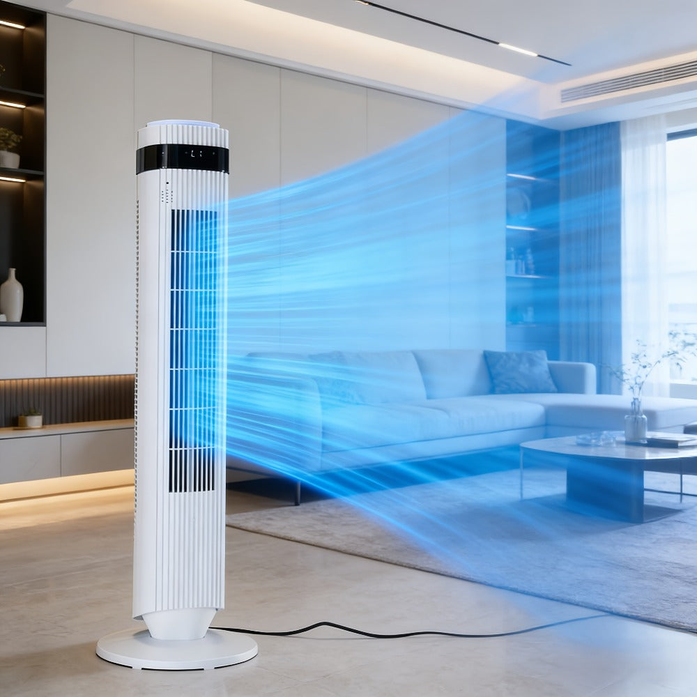 Bladeless Tower Fan with Remote Control, Silent Floor Fan with LED Display 4 Speed Settings & 12-Hour Timer, Quiet Tower Fan for Living Room Bedroom Office, Modern Air Circulator Fan Black White Grey