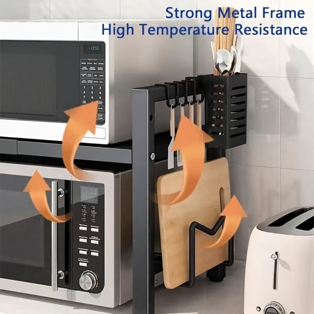 Kitchen Storage Rack Metal Extendable Shelves Microwave Stand Counter Organizer for Spices Bowls Cups Cookware Space Saving Shelf Black
