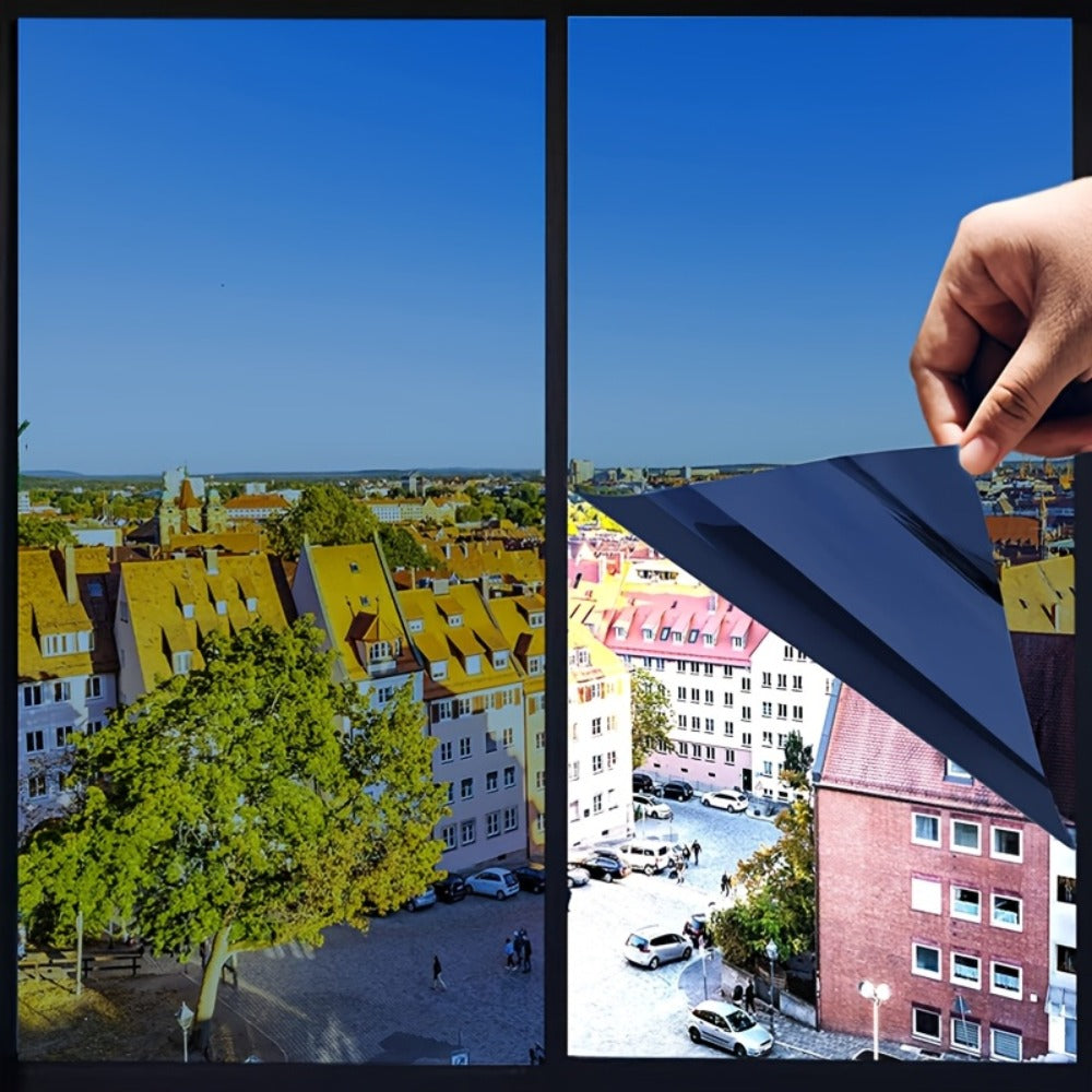 One Way Window Privacy Film Static Cling No Glue UV Blocking Heat Control Reflective Mirror Film for Home Office Bathroom, 12 Mil, Black Blue Gray Silver