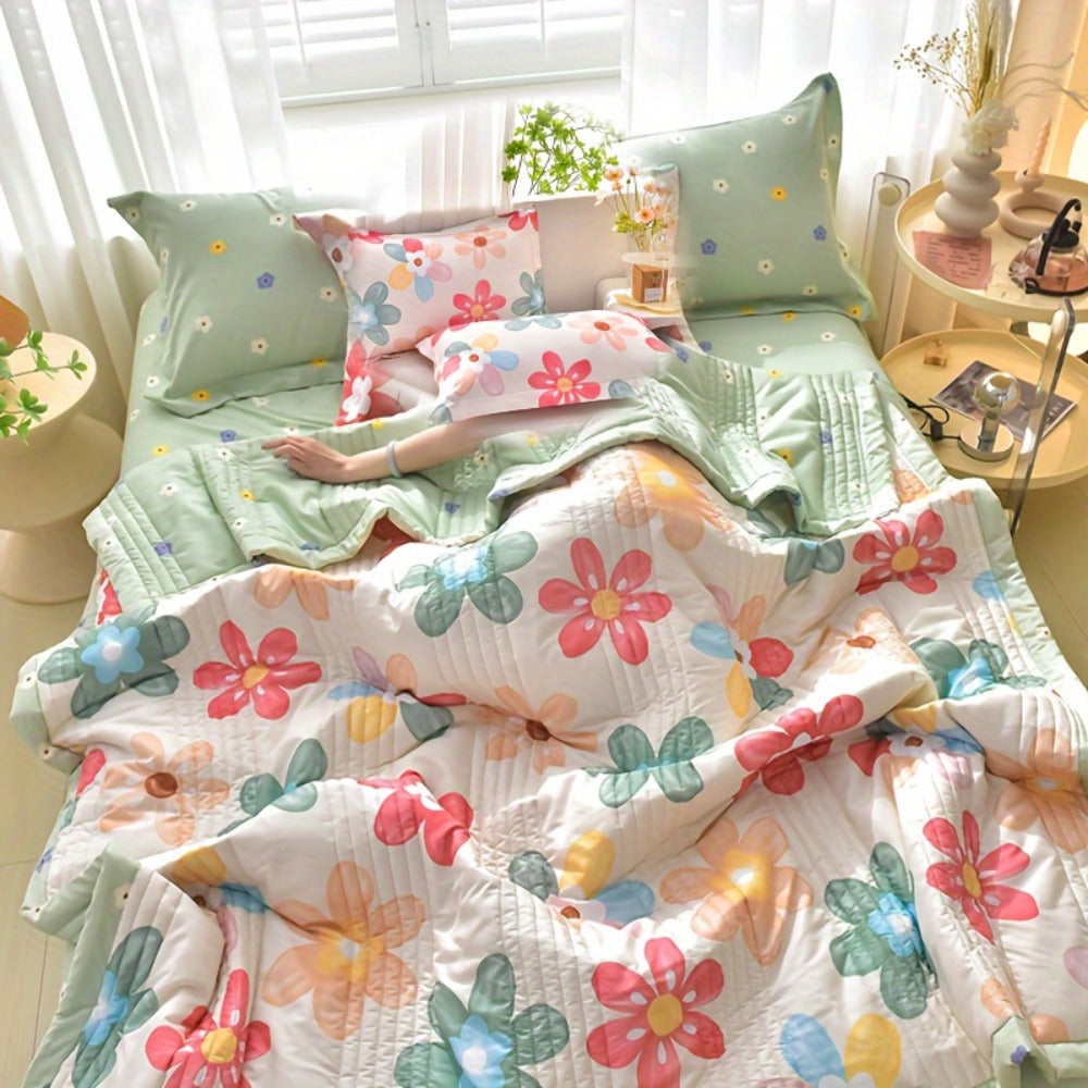 Quilt Set 3 Piece Summer Cooling ¨C Floral Printed Thin Comforter with 2 Pillowcases, Soft Skin-Friendly Bedding for Twin Full Queen King, All Season Lightweight Blanket for Bedroom Hotel Guest Room