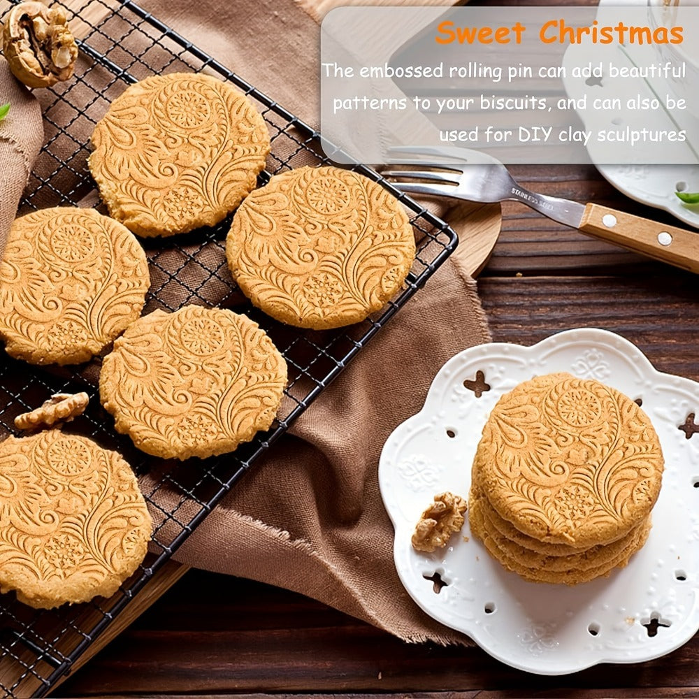 Embossed Wooden Rolling Pin with Engraved Pattern, Decorative Patterned Rolling Pin for Cookie Baking, Christmas Snowflake Flower Design Dough Roller for Fondant Pie Pastry, Baking Gift Kitchen Tool