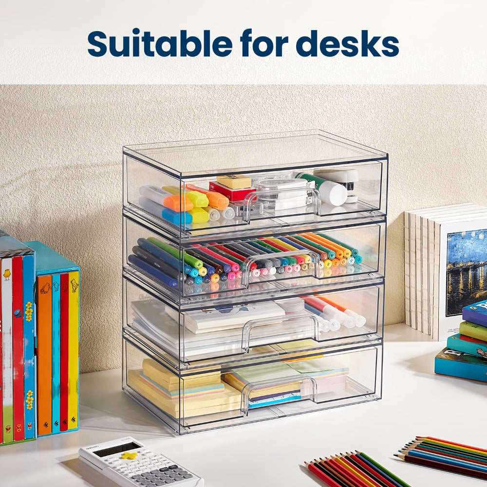 Clear Stackable Desk Drawer Organizer, Acrylic Plastic Storage Bins for Office Desk Organization, Transparent Drawer Divider Bins for Home, Studio & Vanity Table, 2 or 4 Pack Wide Organizer Trays