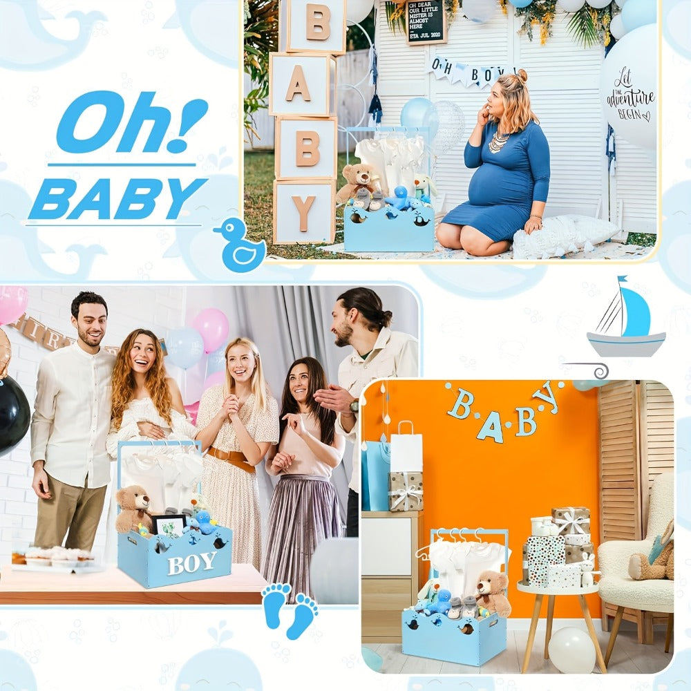 Wooden Baby Shower Gift Basket Crate with Handle Storage Hamper Baby Registry Gift for New Parents Nursery Organizer Pink Butterfly Blue Whale Pregnancy Gift