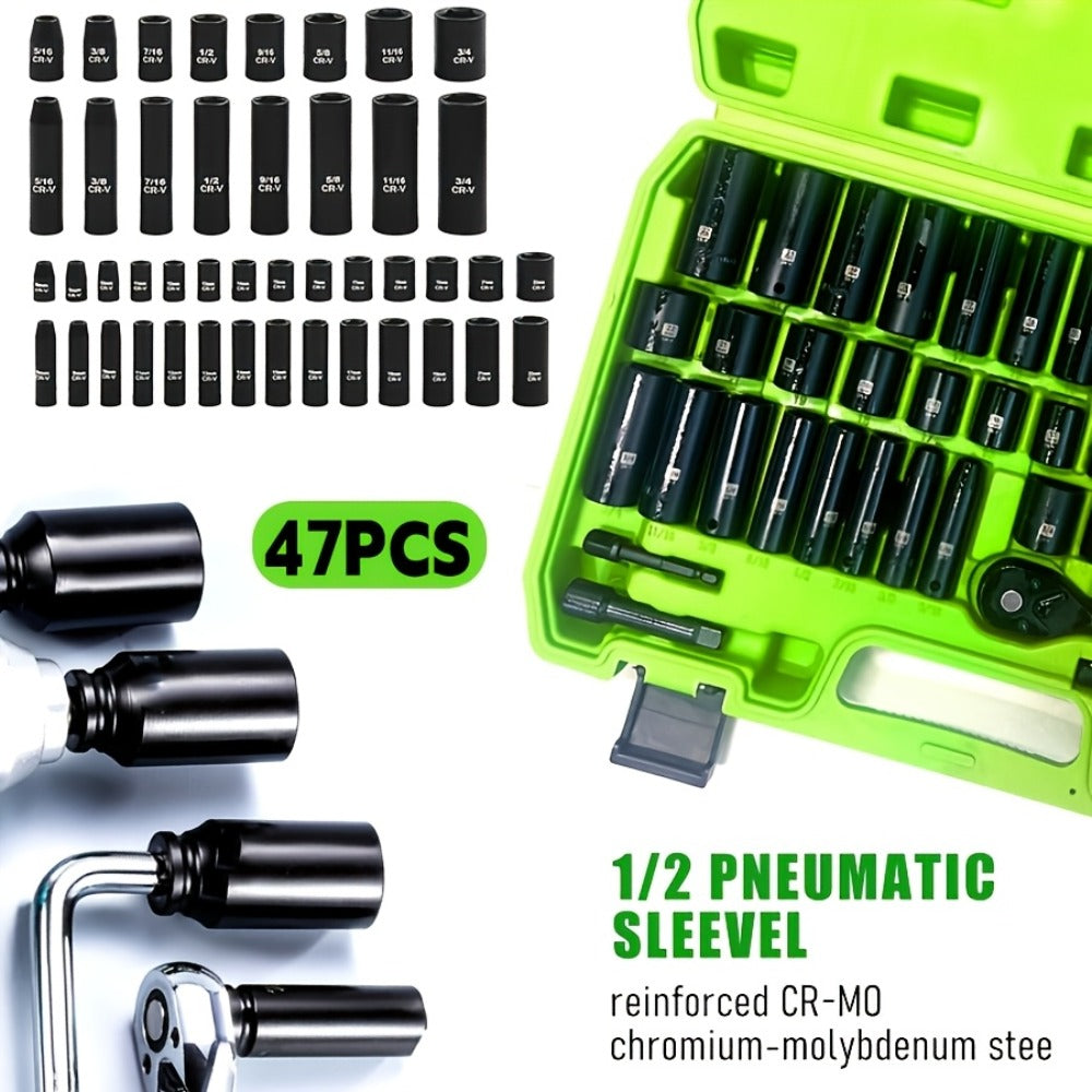 Impact Socket Set ¨C 53-Piece Tool Set, 47-Piece 3/8¡± Drive & 34-Piece 1/2¡± Drive, SAE & Metric Sizes, 6-Point CR-V with Ratchet Handle, Extension Rod & Connector for Auto Repair & DIY