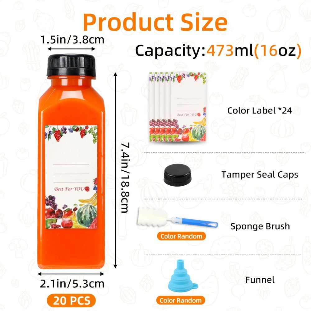 Plastic Juice Bottles with Lids - Clear Reusable Drink Containers for Juice Smoothies Water and Beverages, Available in 12oz and 16oz in Sets of 20, 36, 56 or 100, Includes Funnel and Cleaning Brush