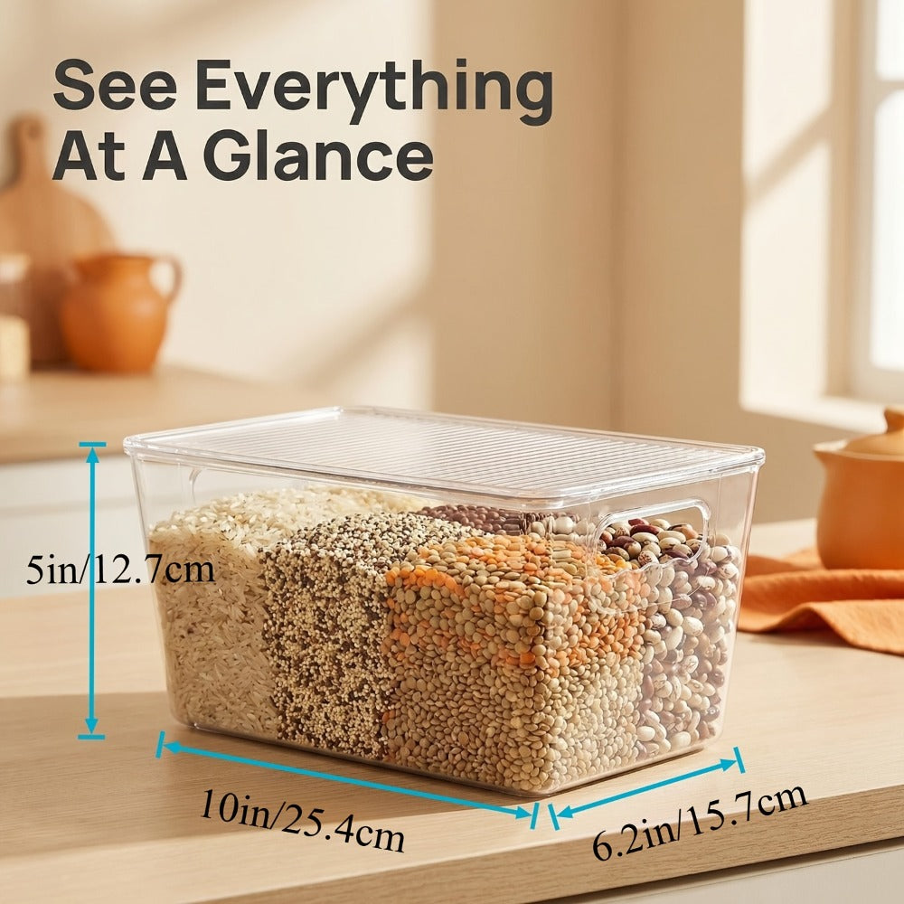 Clear Stackable Storage Bins with Lids 6 Pack - Medium Plastic Organizer Containers with Handles for Pantry Kitchen Fridge Cabinet Closet and Bathroom, Food Safe Transparent Bins for Snacks Drinks Canned Goods and Household Supplies, 10x6x5 Inch